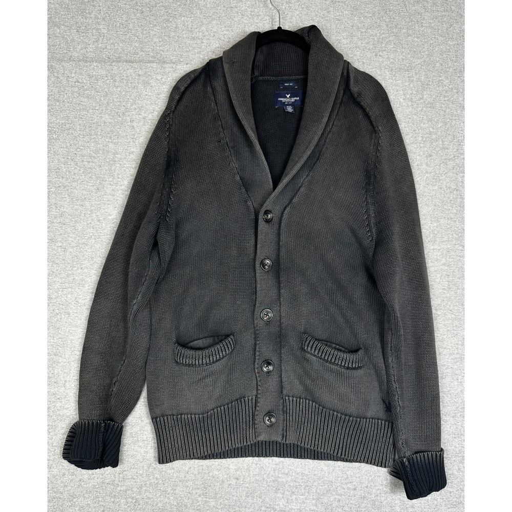 American Eagle Cardigan Sweater Mens M Gray Prep Fit Shawl Collar Button Up